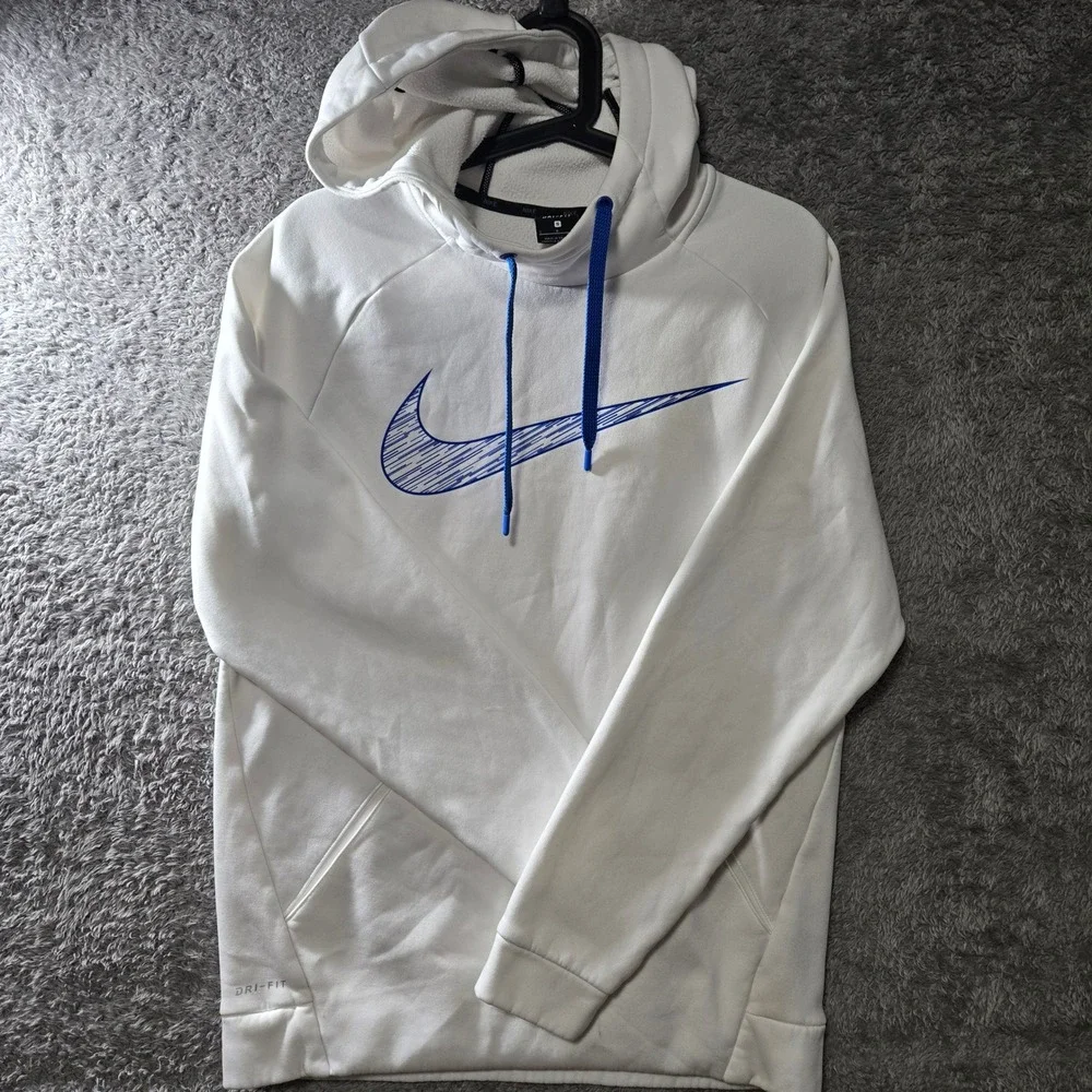 Nike Dri-FIT Mens Training Hoodie White Blue Graphic Swoosh Sweatshirt Small